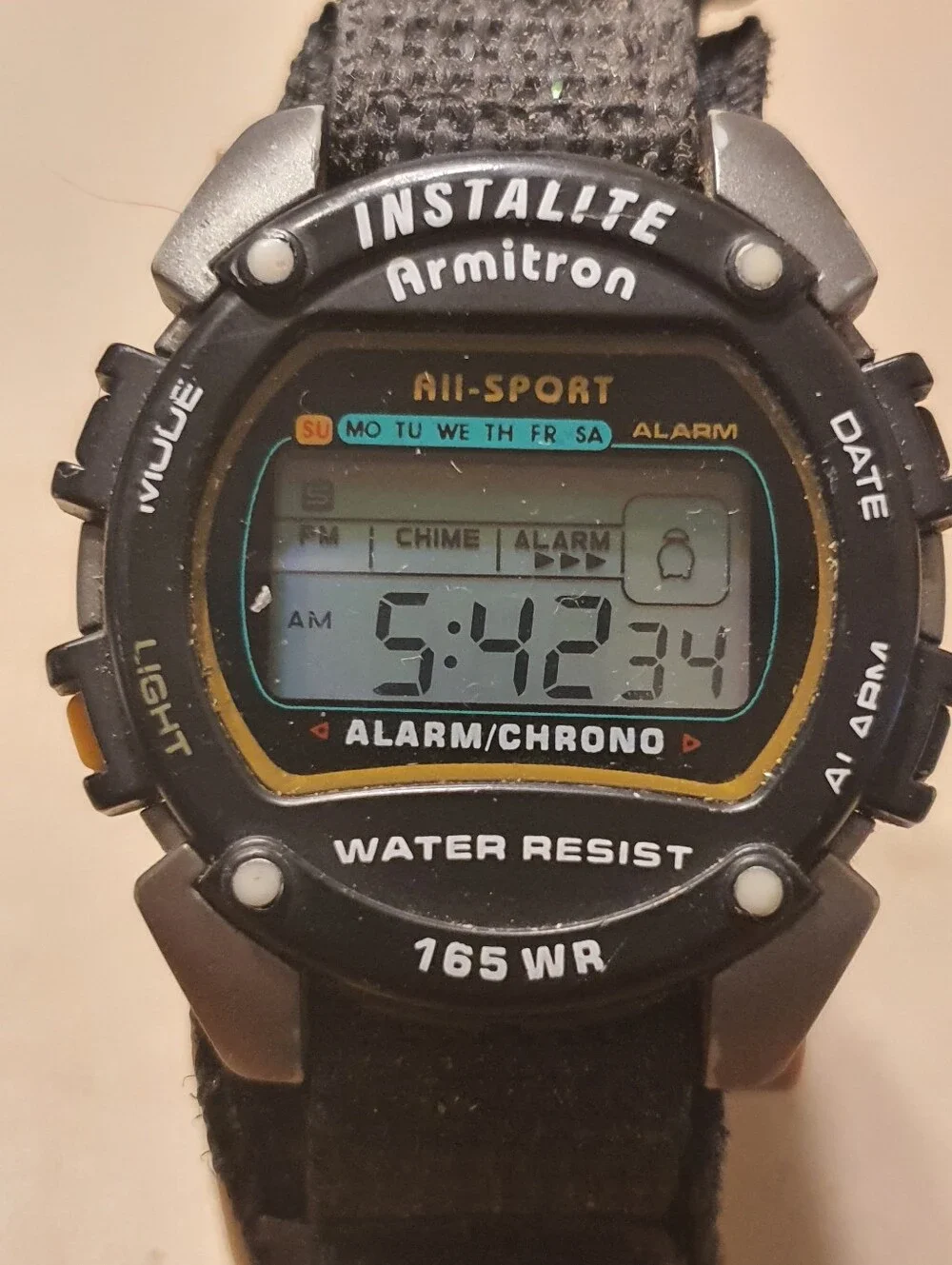 10/$20 Armitron Instalite All Sport Black Nylon Digital Alarm Chrono Men' Watch